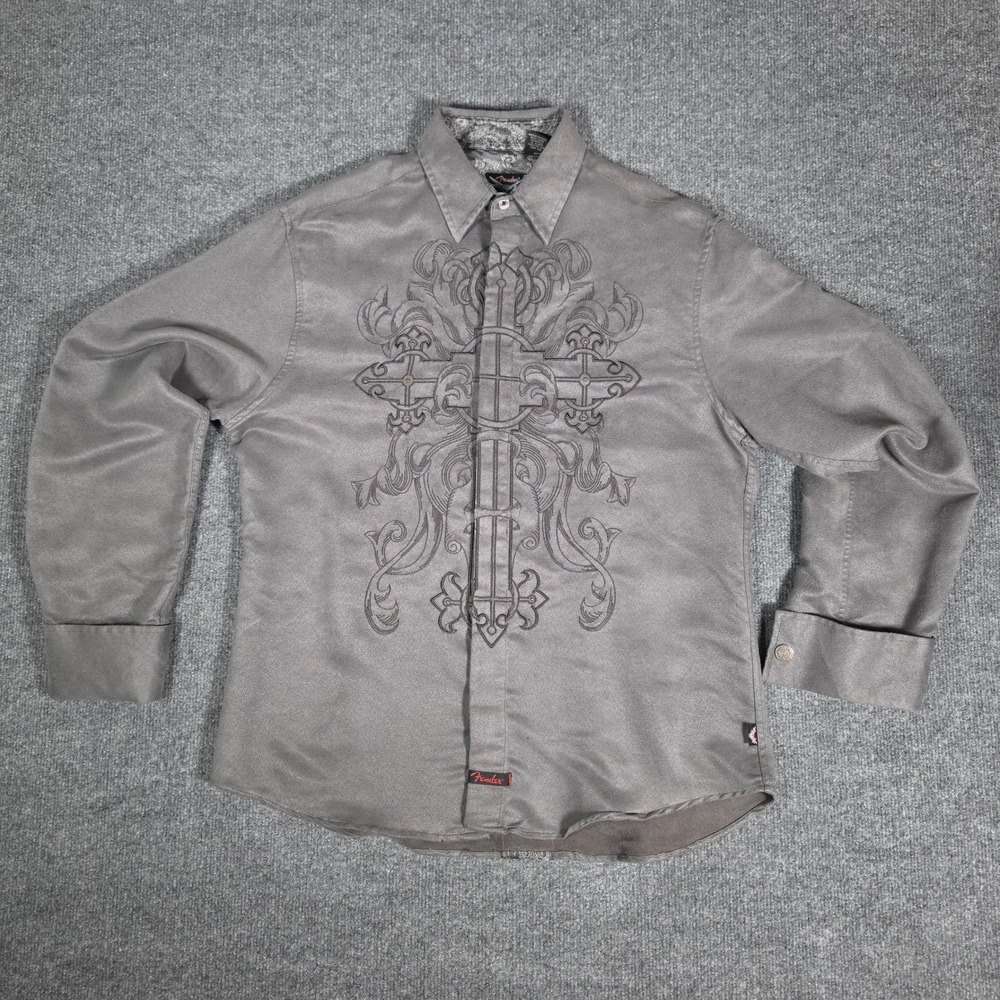 Fender Custom Shop Mens Gray Faux Suede Embroidered‎ Cross Button Up Shirt Large